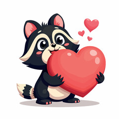 adorable raccoon character holding a big red heart