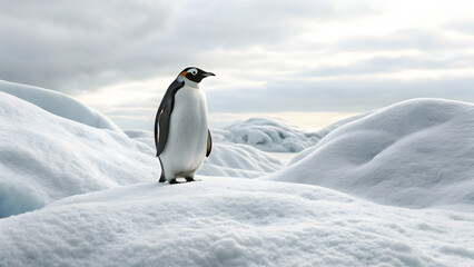 Fototapeta premium realistic penguin stands centered on snowy landscape, surrounded by soft, white hills under cloudy sky, evoking serene atmosphere