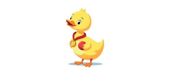 cheerful yellow duckling proudly displays its gold medal and red ball