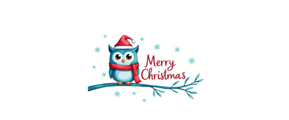 charming blue owl wearing a santa hat and red scarf sits on a branch