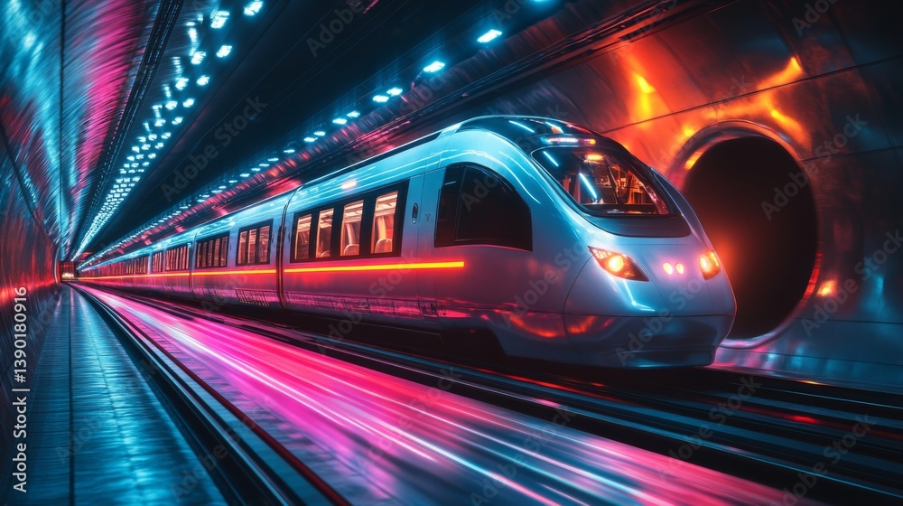 Poster high speed smarttrain travels through a futuristic underground tunnel illuminated by colorful lights