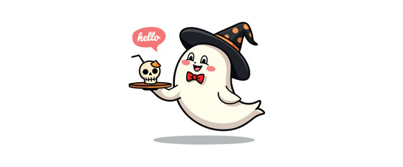friendly ghost serving a skull-shaped drink for halloween