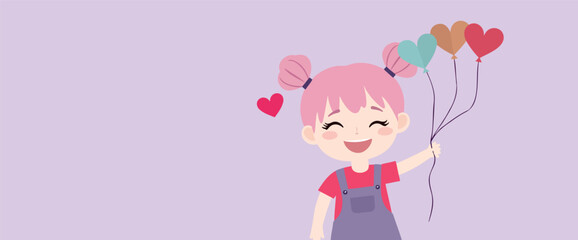joyful little girl holding heart-shaped balloons