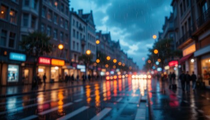 Fototapeta premium Rainy Cityscape: Blurred Lights Reflecting on Wet Asphalt at Twilight