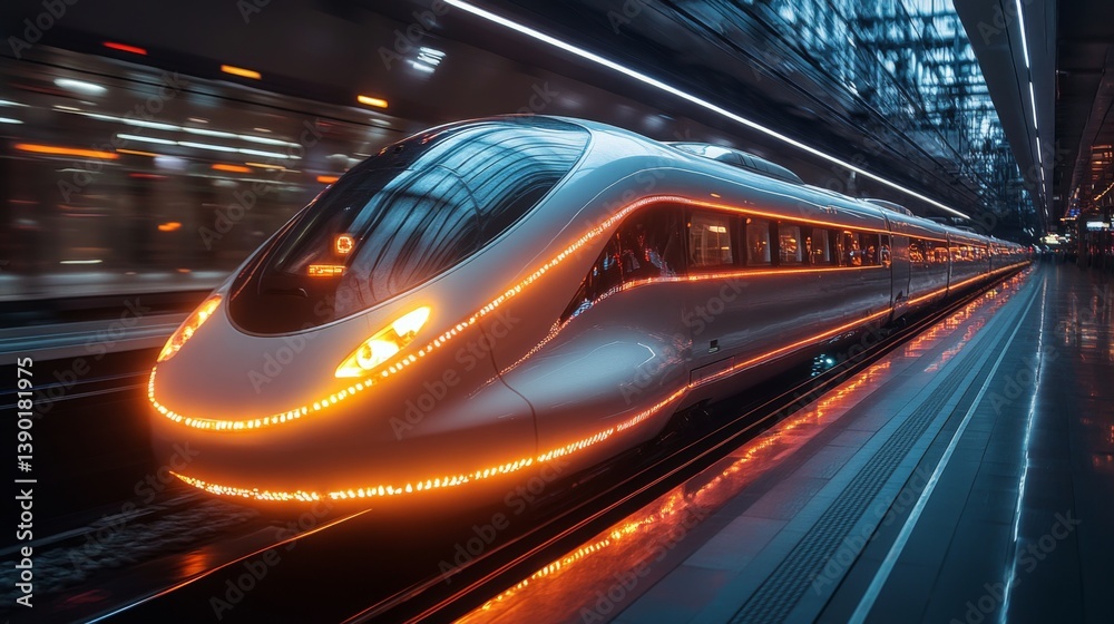 Fototapete A sleek smarttrain equipped with advanced control systems is ready for departure at a bustling transportation hub, illuminated by dynamic lights as dusk falls.