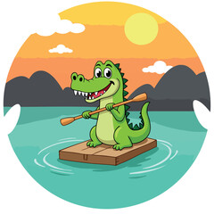 Obraz premium cheerful crocodile rafts on tranquil water towards sunset