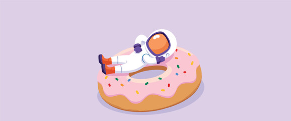 playful astronaut takes a break resting on a giant pink donut with sprinkles