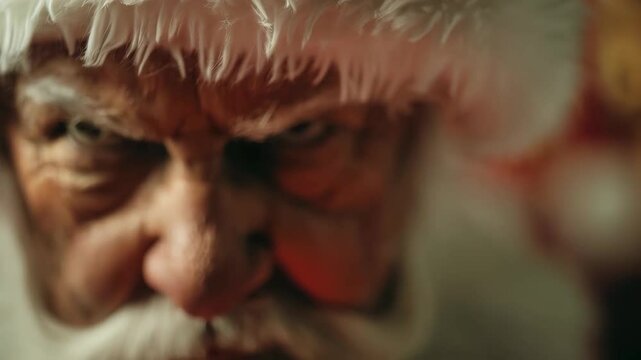 Bearded senior Santa Claus wearing festive red costume, expressing intense frustration with frowning face and narrowed eyes while looking directly at camera