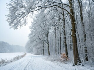 Fototapeta premium Bare trees rise from the pristine snow, a picturesque winter scene captured in photography.