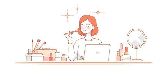 young woman applying makeup at vanity desk