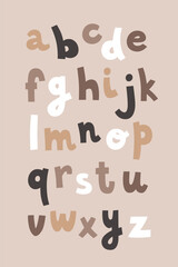 Hand-drawn english alphabet. Children nursery poster template. Cartoon letters in pastel colors isolated on beige background. Lettering elements for education or greeting card design
