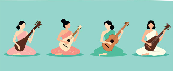 four women sitting -legged and playing different stringed instruments