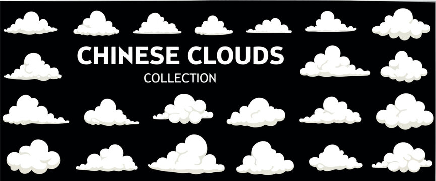 collection of twenty-four unique cartoon clouds in white on black background