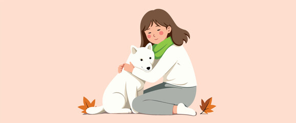 young woman tenderly embracing her white dog