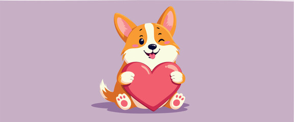cheerful corgi dog holding a big red heart