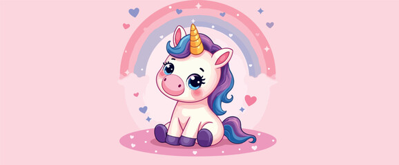 adorable baby unicorn sitting before a pastel rainbow