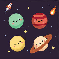 four friendly cartoon planets in outer space with a and comet