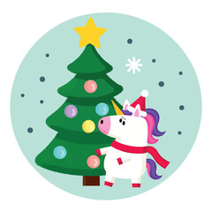 charming unicorn wearing a santa hat decorates a colorful christmas tree
