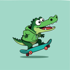 Obraz premium joyful crocodile skateboarding in a green hoodie