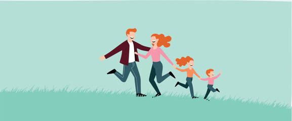 happy family joyfully running in a green field