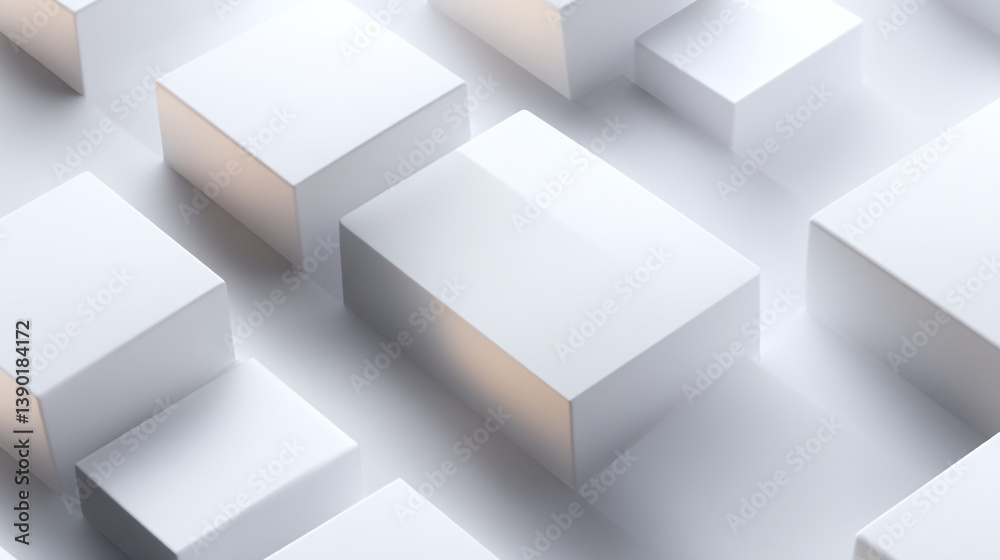 Poster aerial view of a pattern of white rectangular prisms on a white surface with soft lighting
