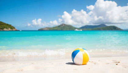 Obraz premium Vibrant beach ball resting on soft white sand, tropical paradise