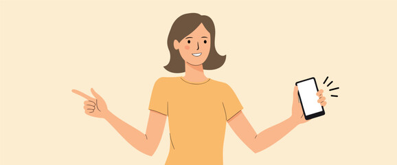 smiling woman pointing and showing a smartphone with blank screen
