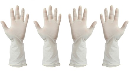 Obraz premium Four pairs of examination gloves presented against a stark, clean white backdrop