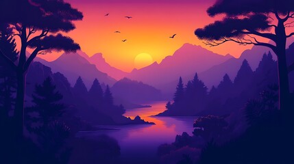 Naklejka premium Vibrant sunset over tranquil mountain lake.