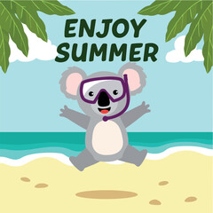 cheerful koala wearing a diving mask joyfully jumps on a summer beach © Rysak