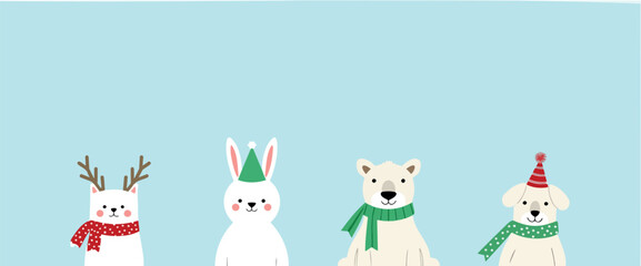 four adorable winter animals dressed in festive attire against a light blue background
