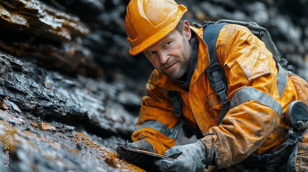 Poster worker in safety gear examines rocky terrain at a quarry, focusing on mineral resources. rain soaked
