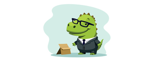 friendly green dinosaur in suit holding a box