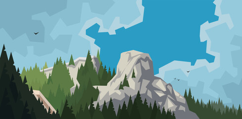 Stylized mountain landscape with pine forest and rocky peaks.