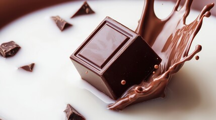 A rich, dark chocolate cube splashes into creamy liquid, creating an enticing and decadent scene filled with chocolate shards.
