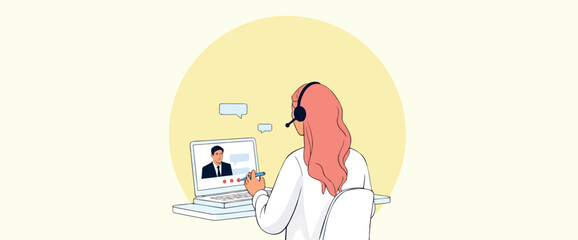 woman with headset participating in a conference on her laptop