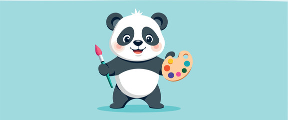 cheerful panda bear holds a paintbrush and a colorful palette ready to create .