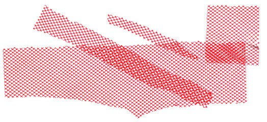 Collection of red net mesh fragments in various abstract shapes. Cut-out plastic texture on transparent background for digital collage