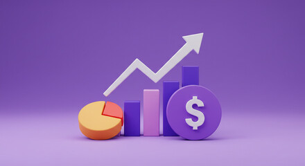 Financial growth visualized with a vibrant upward trending graph, pie chart, and dollar coin symbol, in a sleek 3D design.