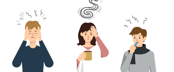 three people showing various common illness symptoms