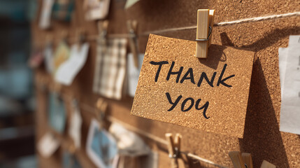 Cork Board Decor with Thank You Note Hanging Next to Photographs and Memos for Appreciation and Gratitude in Warm Lighting