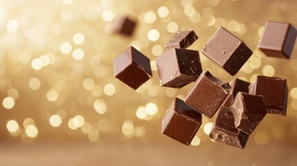 Fototapeta premium Floating chocolate cubes against a shimmering golden background create an enticing, sweet visual delight.