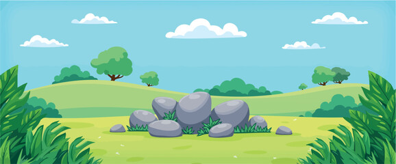serene landscape with grey rocks green and lush vegetation under a bright sky