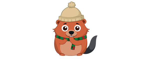 adorable cartoon groundhog wearing winter hat and scarf