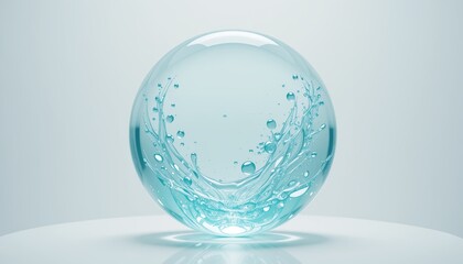 Transparent Glass Sphere with Swirling Water and Bubbles on a Clean White Surface.