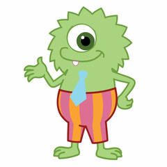 friendly one-eyed green in striped pants and a tie
