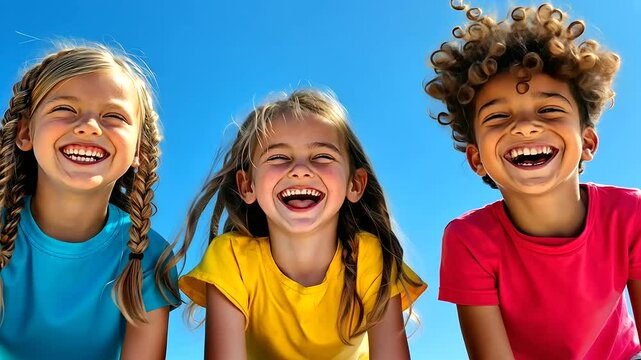 Three cheerful preschoolers, two girls with braided hair and a boy with tousled curls, giggling together under a bright blue sky, sunlight illuminating their happy faces.
