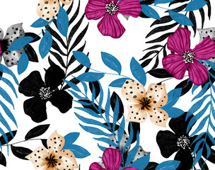 Hand draw tropical flowers pattern design. Seamless exotic leaves pattern. Textile print pattern