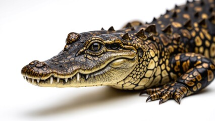Obraz premium Baby Alligator Close-up Posing on White Background Captivating Wildlife Portrait