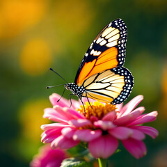 Fototapeta premium Monarch Butterfly Sipping Nectar from Pink Zinnia Flower on Sunny Day.